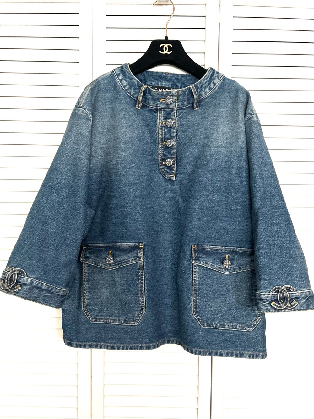 CHANEL Blue Denim Pullover Jacket/shirt with CC Cuff Detail